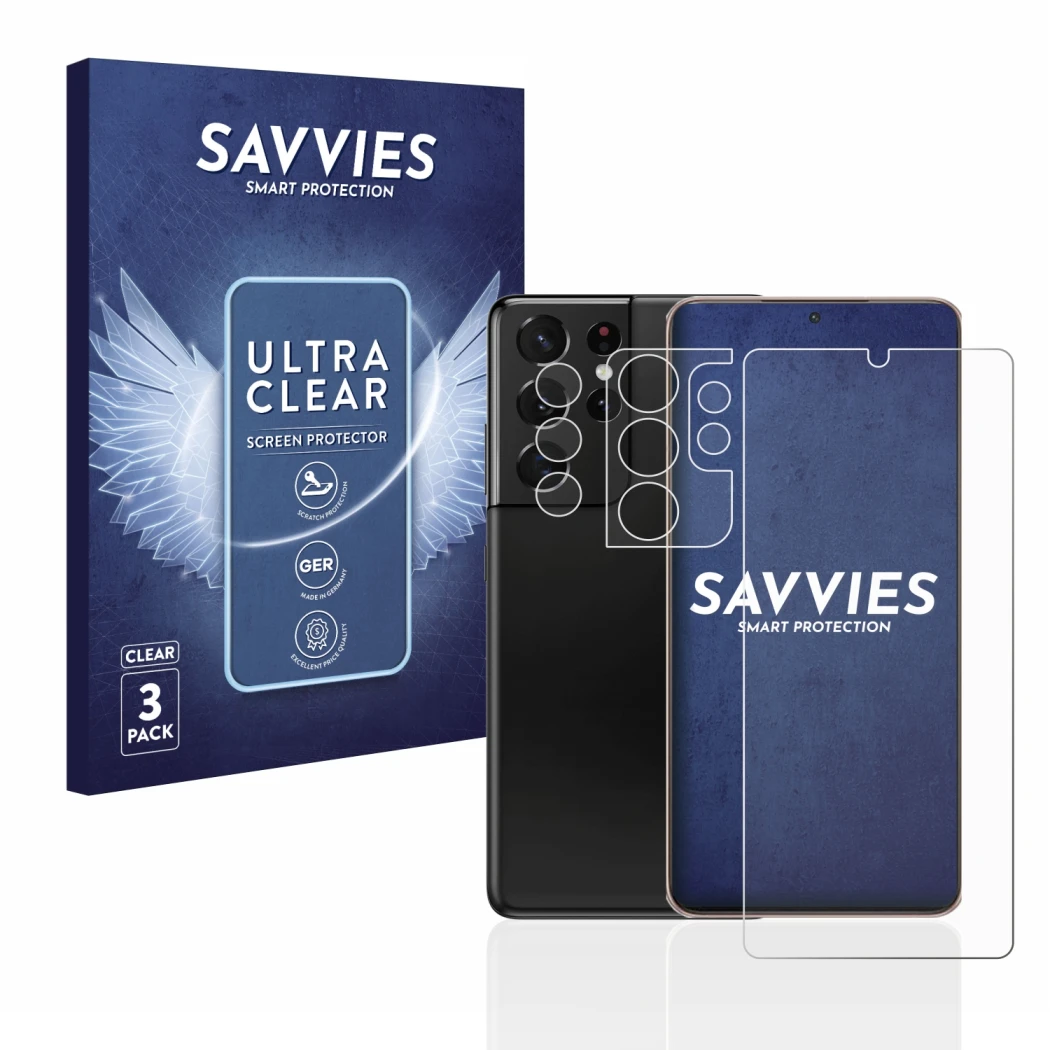 Parte frontal de un envase de producto con el logotipo de la marca Savvies. Al lado se muestra el dispositivo Samsung Galaxy S