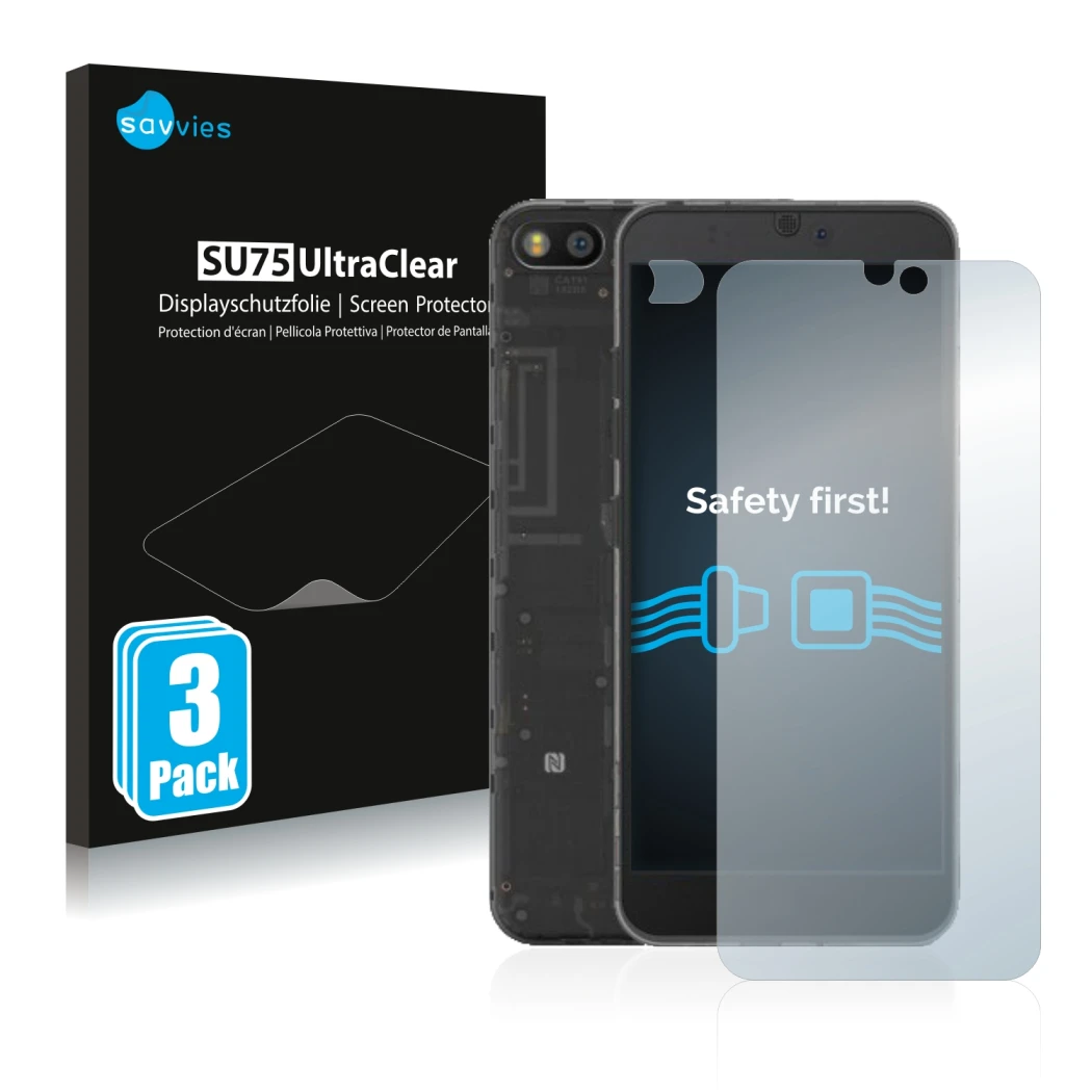 Parte frontal de un envase de producto con el logotipo de la marca Savvies. Al lado se muestra el dispositivo Fairphone 3 (Fro