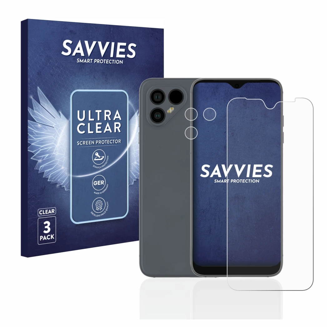 Parte frontal de un envase de producto con el logotipo de la marca Savvies. Al lado se muestra el dispositivo Fairphone 4 (Fro