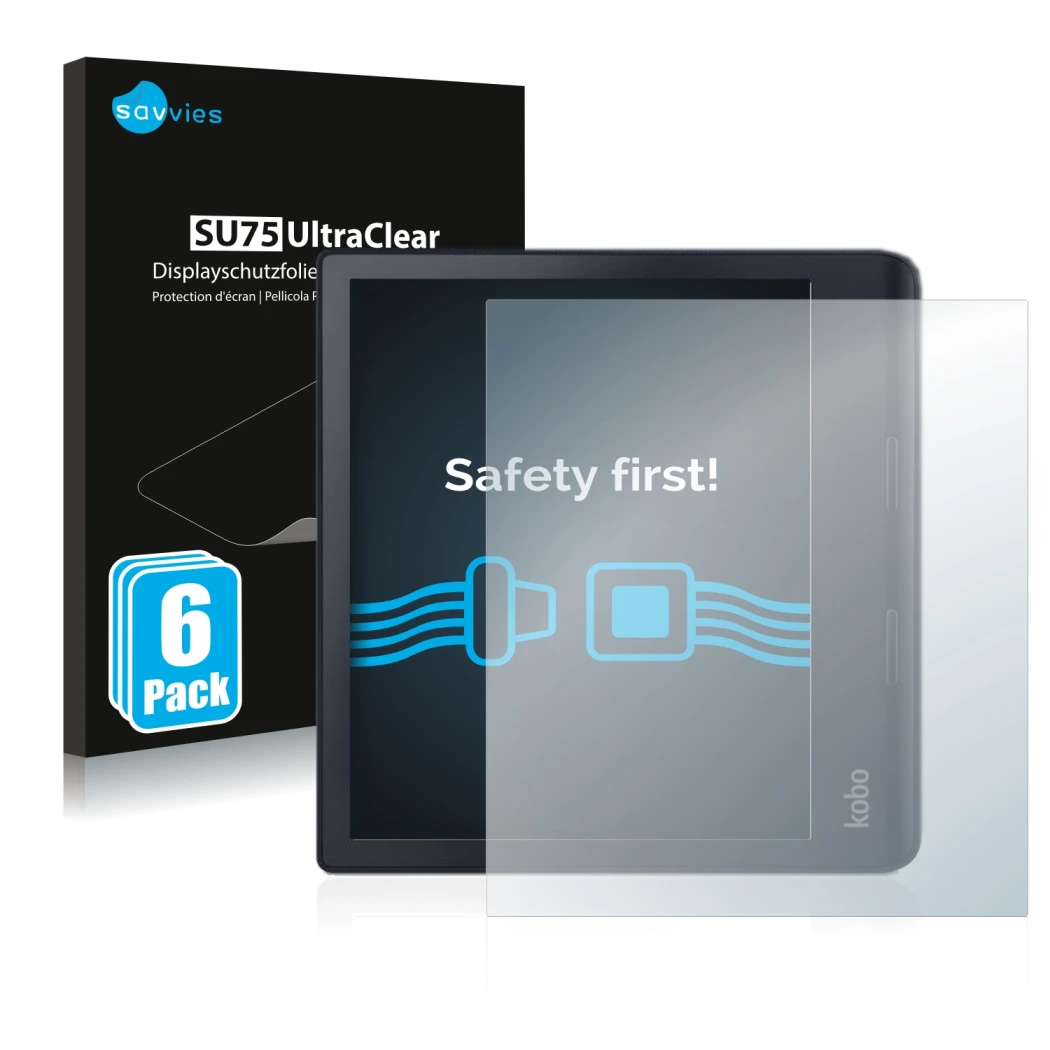 Parte frontal de un envase de producto con el logotipo de la marca Savvies. Al lado se muestra el dispositivo Kobo Sage con su