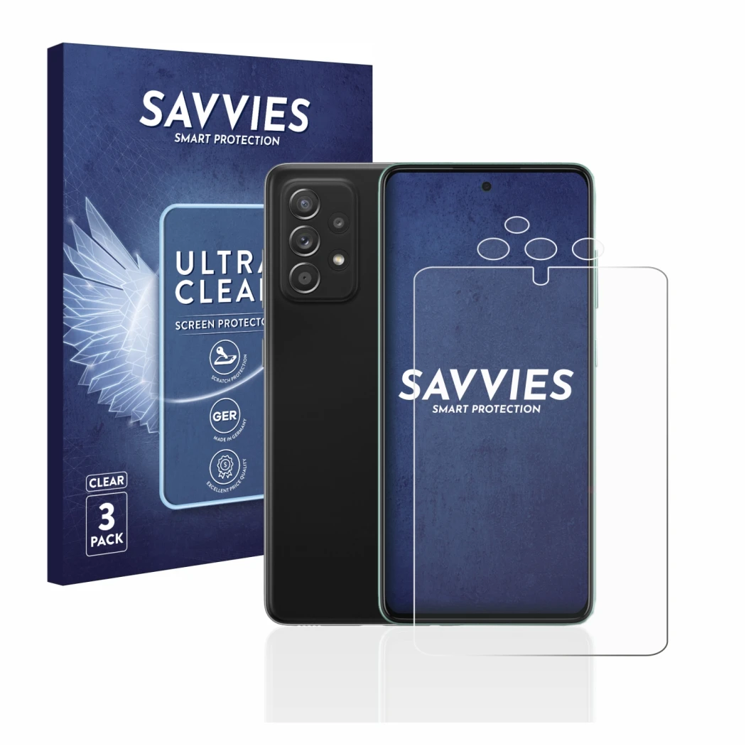 Parte frontal de un envase de producto con el logotipo de la marca Savvies. Al lado se muestra el dispositivo Samsung Galaxy A