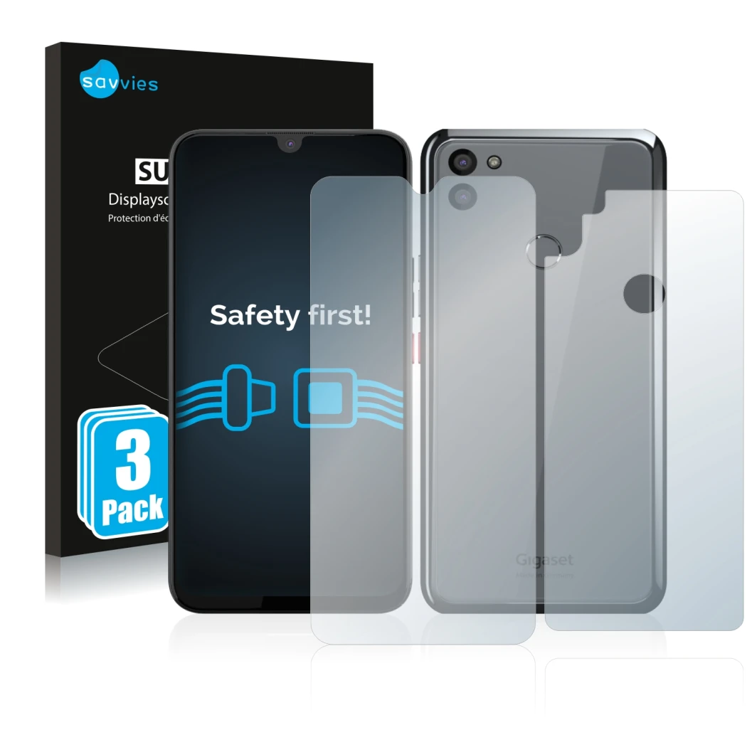 Parte frontal de un envase de producto con el logotipo de la marca Savvies. Al lado se muestra el dispositivo Gigaset GS5 (Fro