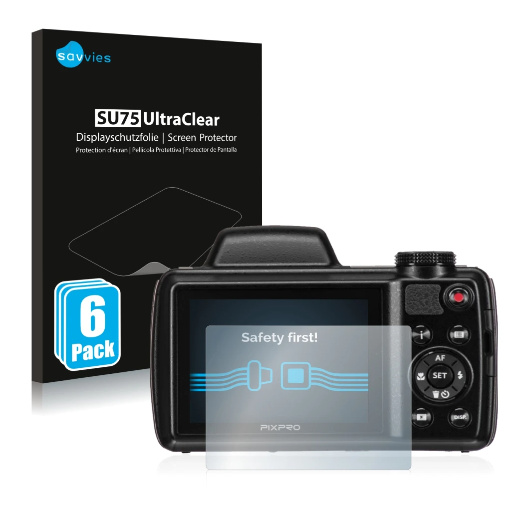 Parte frontal de un envase de producto con el logotipo de la marca Savvies. Al lado se muestra el dispositivo Kodak Pixpro AZ5