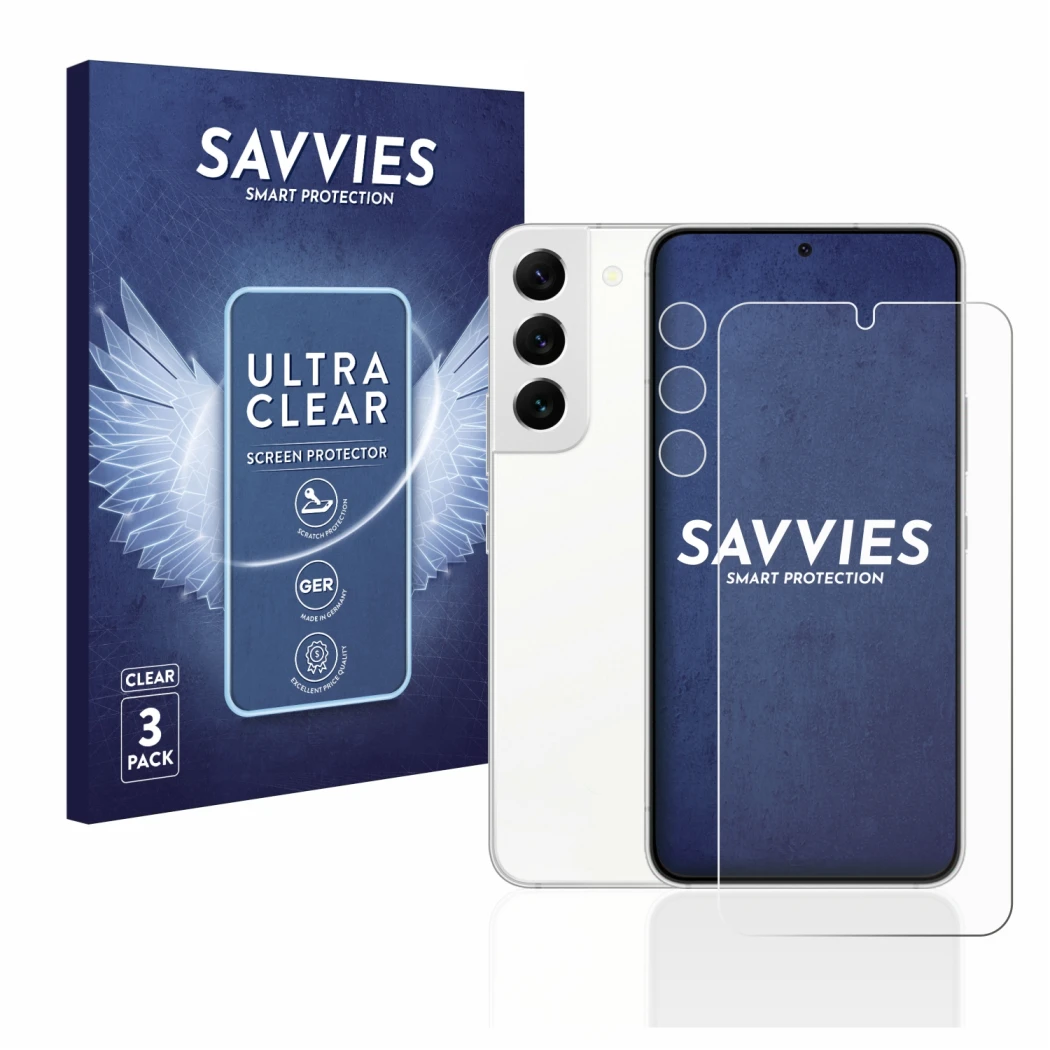 Parte frontal de un envase de producto con el logotipo de la marca Savvies. Al lado se muestra el dispositivo Samsung Galaxy S