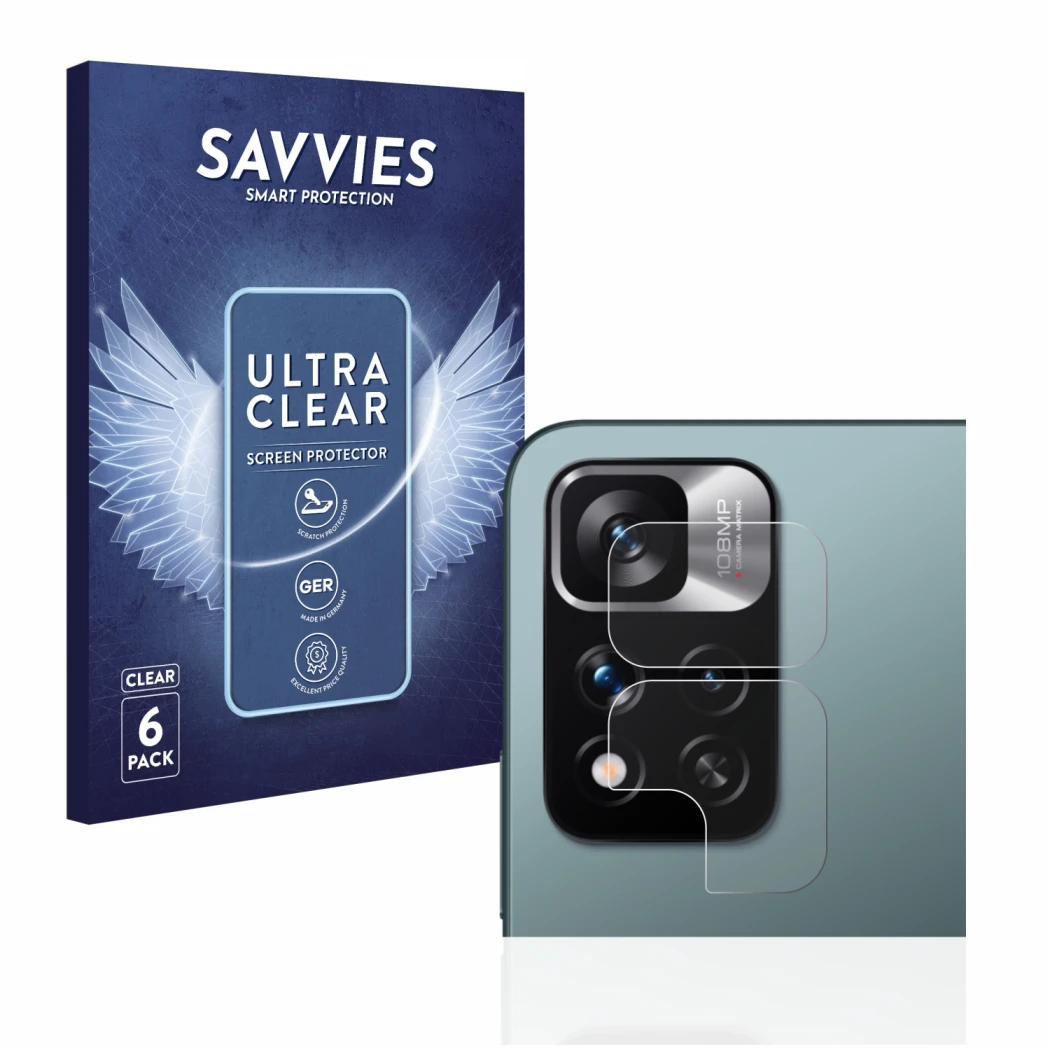 Parte frontal de un envase de producto con el logotipo de la marca Savvies. Al lado se muestra el dispositivo Xiaomi Redmi Not