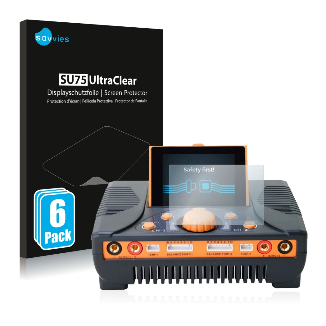 Parte frontal de un envase de producto con el logotipo de la marca Savvies. Al lado se muestra el dispositivo Junsi iCharger 4