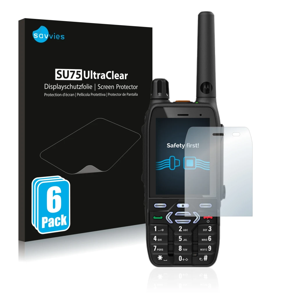 Parte frontal de un envase de producto con el logotipo de la marca Savvies. Al lado se muestra el dispositivo Motorola MXP600 