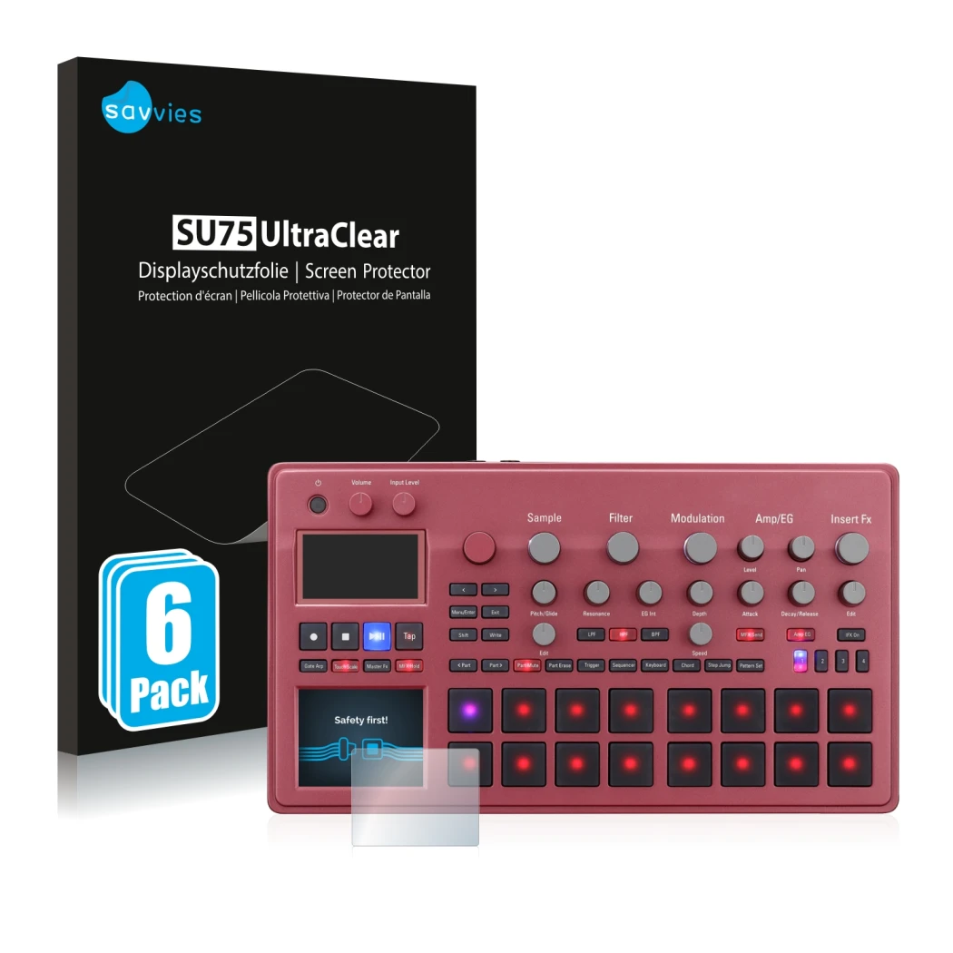Parte frontal de un envase de producto con el logotipo de la marca Savvies. Al lado se muestra el dispositivo KORG electribe S