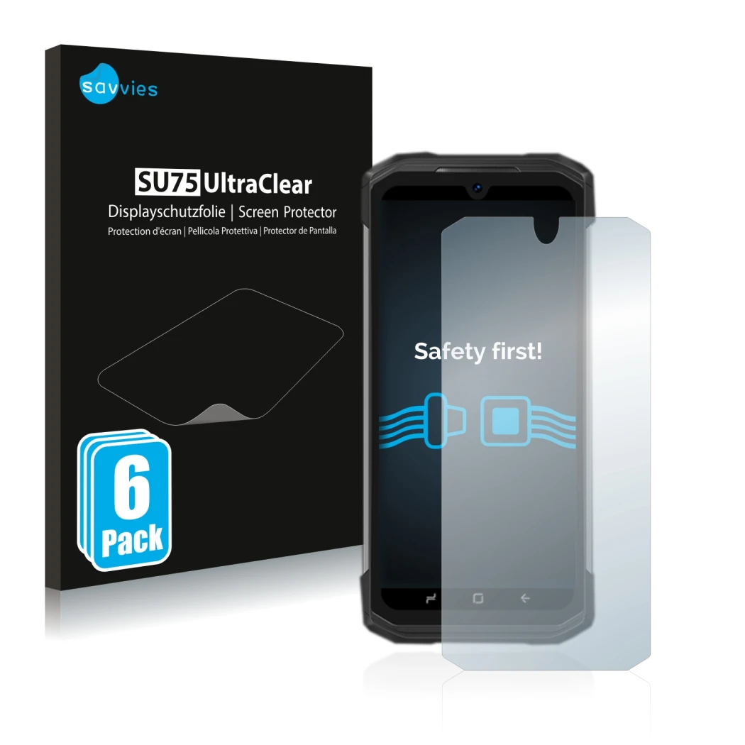 Parte frontal de un envase de producto con el logotipo de la marca Savvies. Al lado se muestra el dispositivo Doogee S98 Pro c