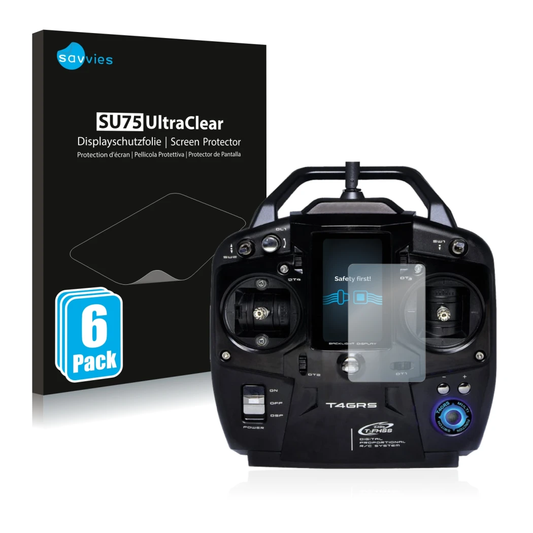 Parte frontal de un envase de producto con el logotipo de la marca Savvies. Al lado se muestra el dispositivo Futaba T4GRS con