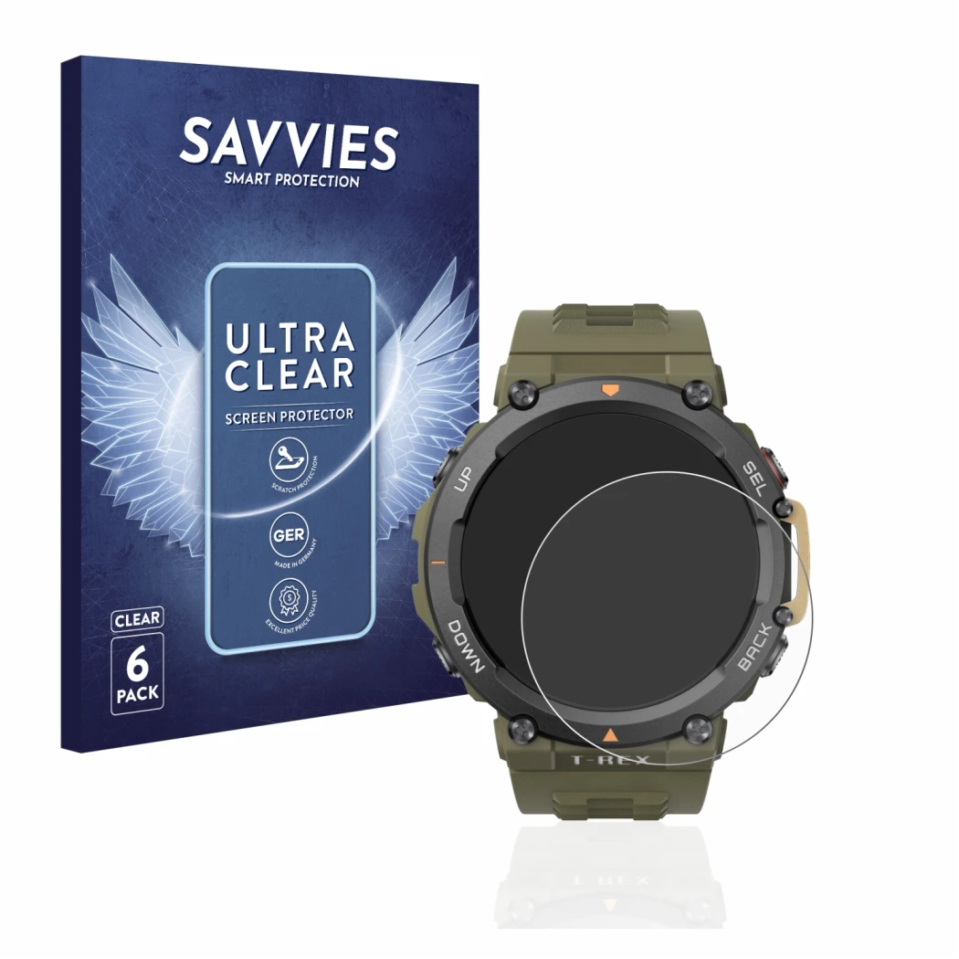 Parte frontal de un envase de producto con el logotipo de la marca Savvies. Al lado se muestra el dispositivo Huami Amazfit T-