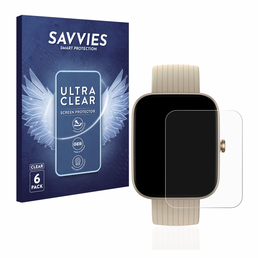 Parte frontal de un envase de producto con el logotipo de la marca Savvies. Al lado se muestra el dispositivo Huami Amazfit Bi