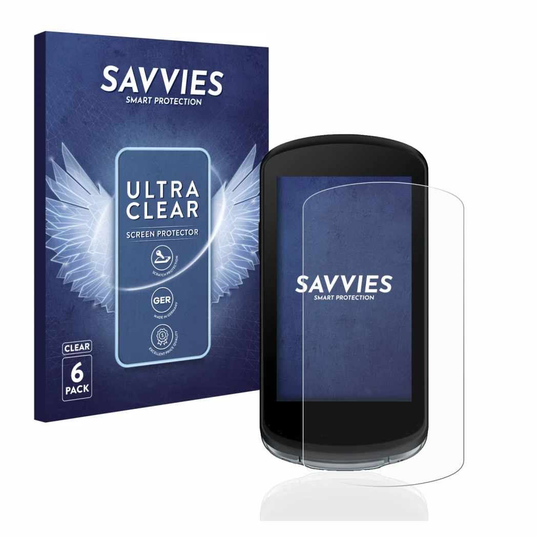 Parte frontal de un envase de producto con el logotipo de la marca Savvies. Al lado se muestra el dispositivo Garmin Edge 1040