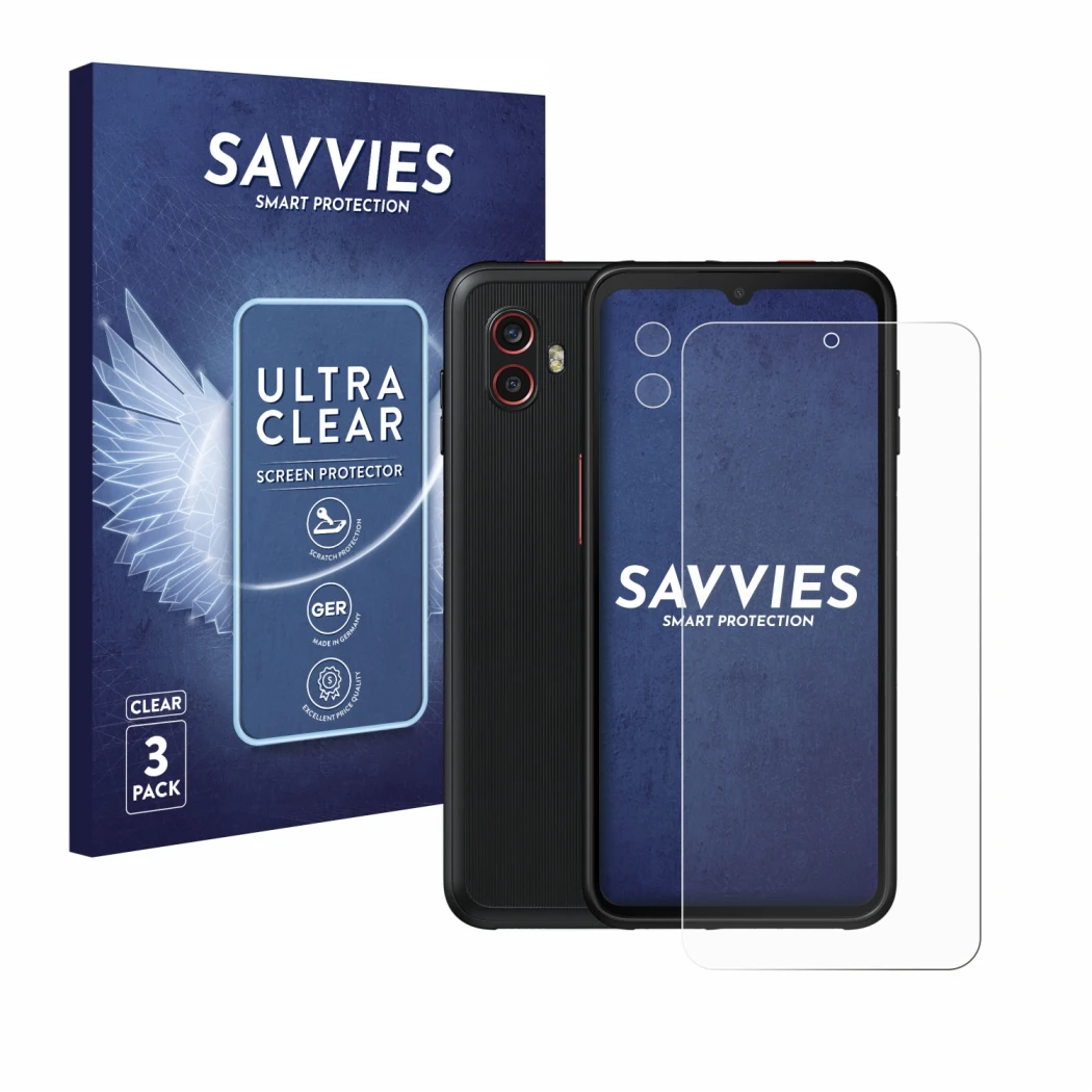 Parte frontal de un envase de producto con el logotipo de la marca Savvies. Al lado se muestra el dispositivo Samsung Galaxy X