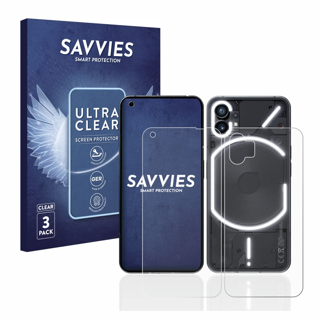 Parte frontal de un envase de producto con el logotipo de la marca Savvies. Al lado se muestra el dispositivo Nothing Phone (1