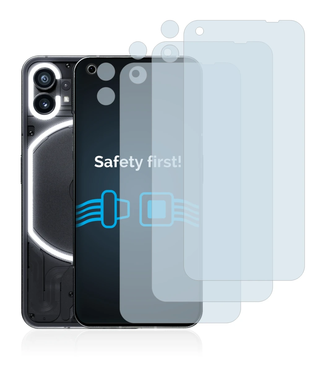 Imagen del dispositivo Nothing Phone (1) (Frontal+Cámara) con una amplia variedad de protectores de pantalla.