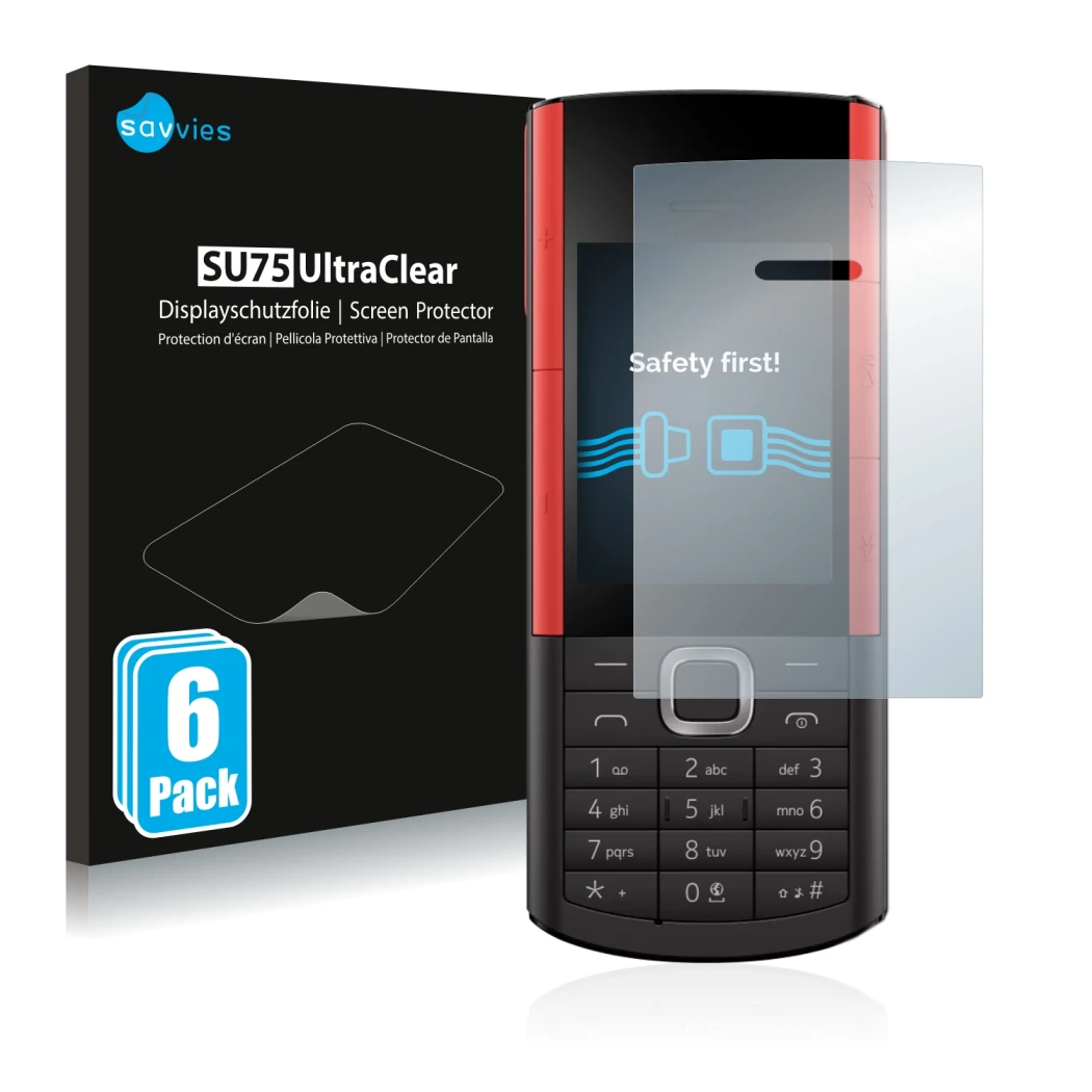 Parte frontal de un envase de producto con el logotipo de la marca Savvies. Al lado se muestra el dispositivo Nokia 5710 XA co