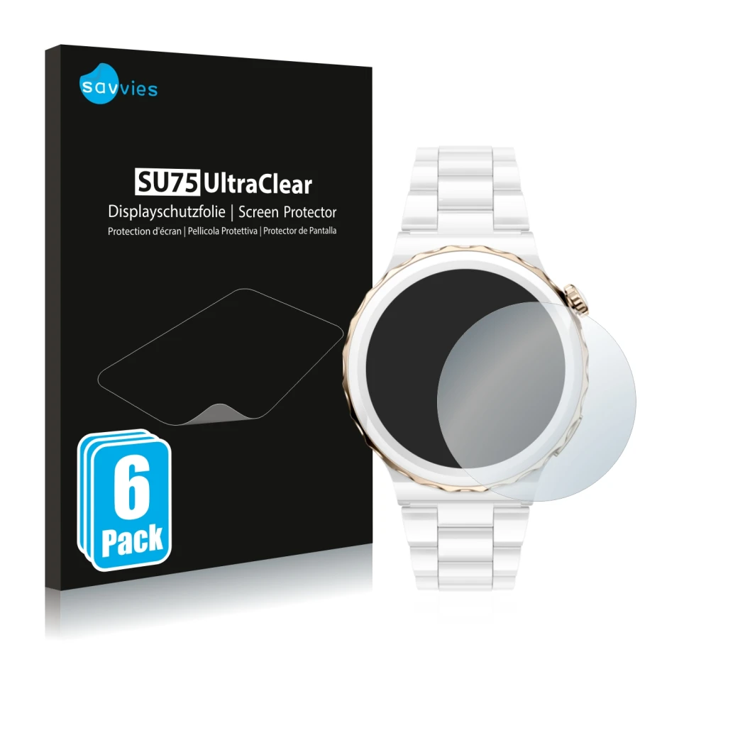 Parte frontal de un envase de producto con el logotipo de la marca Savvies. Al lado se muestra el dispositivo Huawei Watch GT 