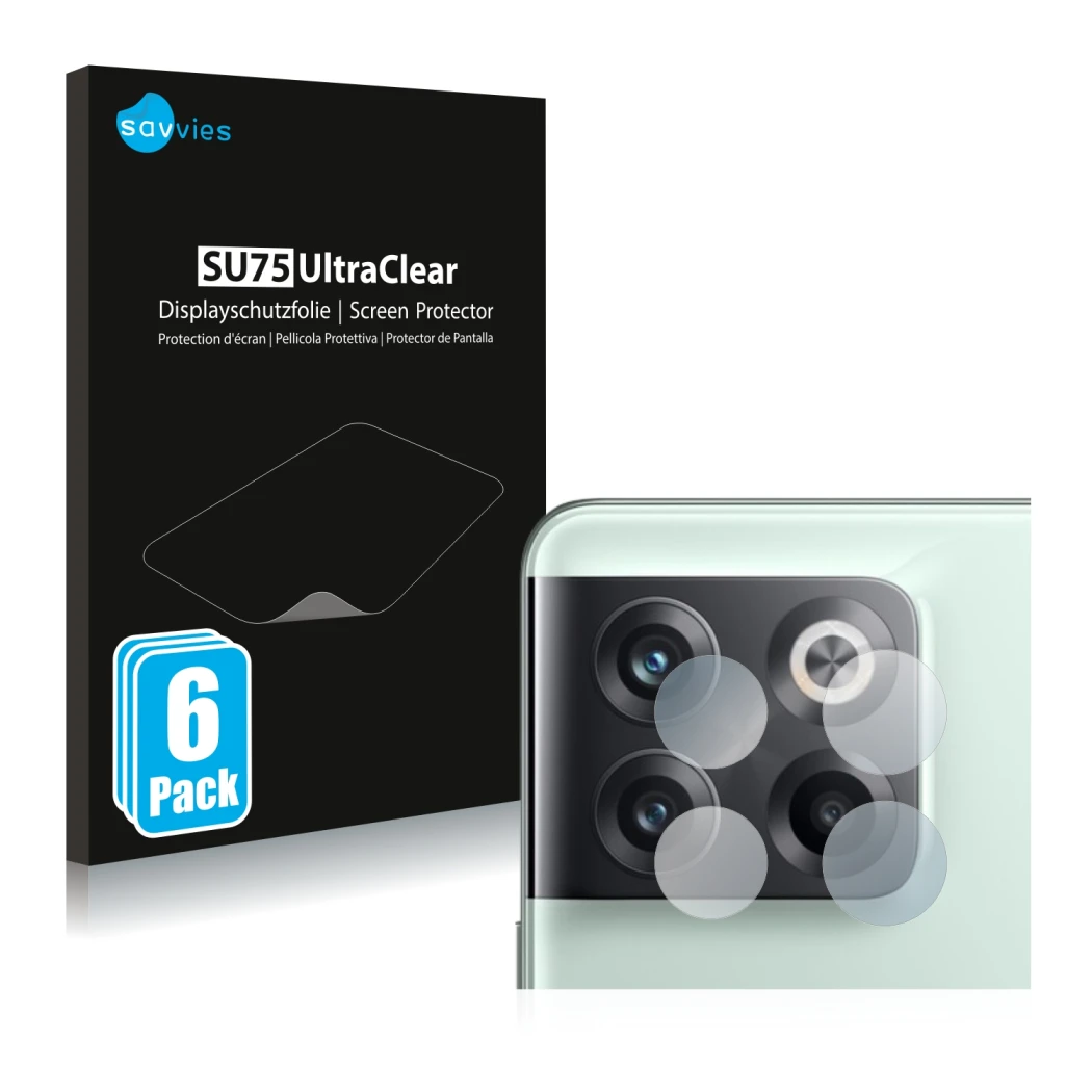 Parte frontal de un envase de producto con el logotipo de la marca Savvies. Al lado se muestra el dispositivo OnePlus 10T 5G (