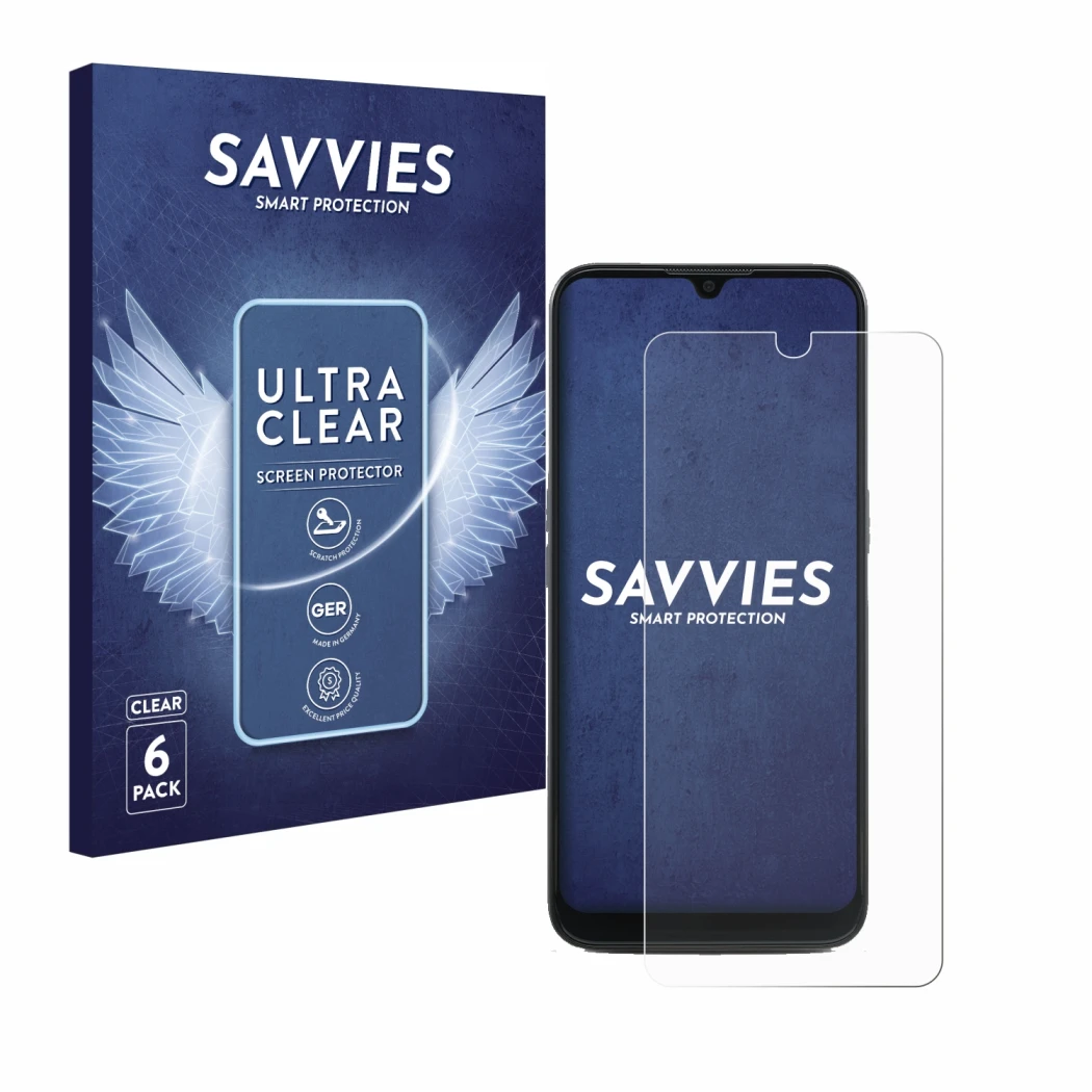 Parte frontal de un envase de producto con el logotipo de la marca Savvies. Al lado se muestra el dispositivo Doro 8100 con su
