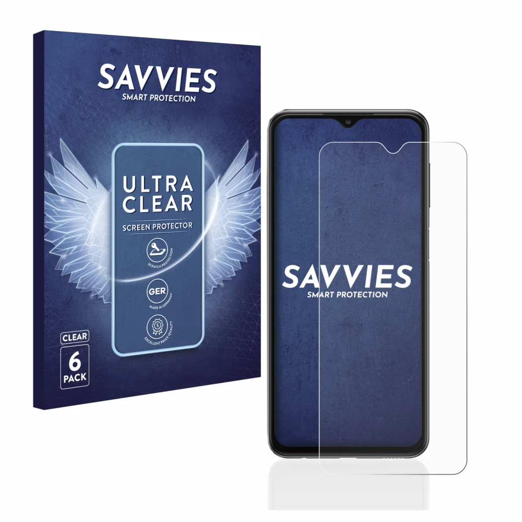 Parte frontal de un envase de producto con el logotipo de la marca Savvies. Al lado se muestra el dispositivo Samsung Galaxy A