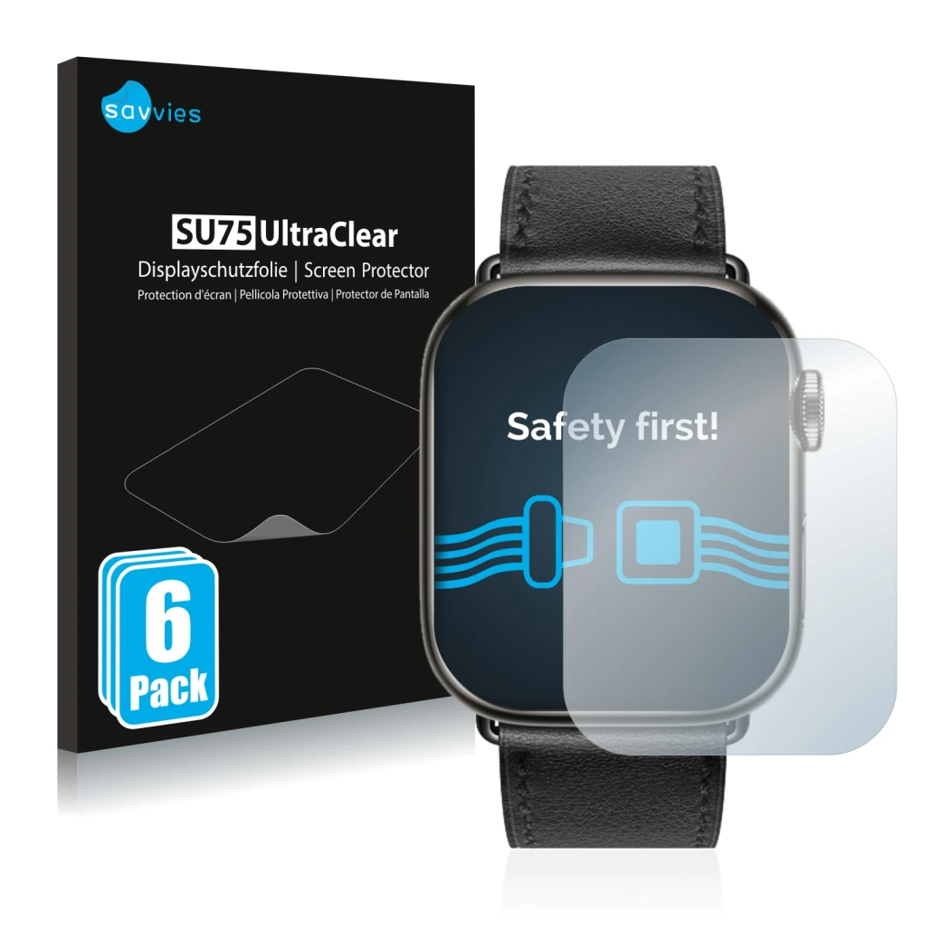 Parte frontal de un envase de producto con el logotipo de la marca Savvies. Al lado se muestra el dispositivo Apple Watch Herm