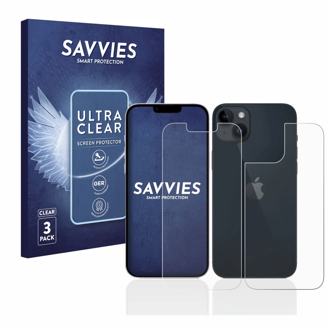 Parte frontal de un envase de producto con el logotipo de la marca Savvies. Al lado se muestra el dispositivo Apple iPhone 14 