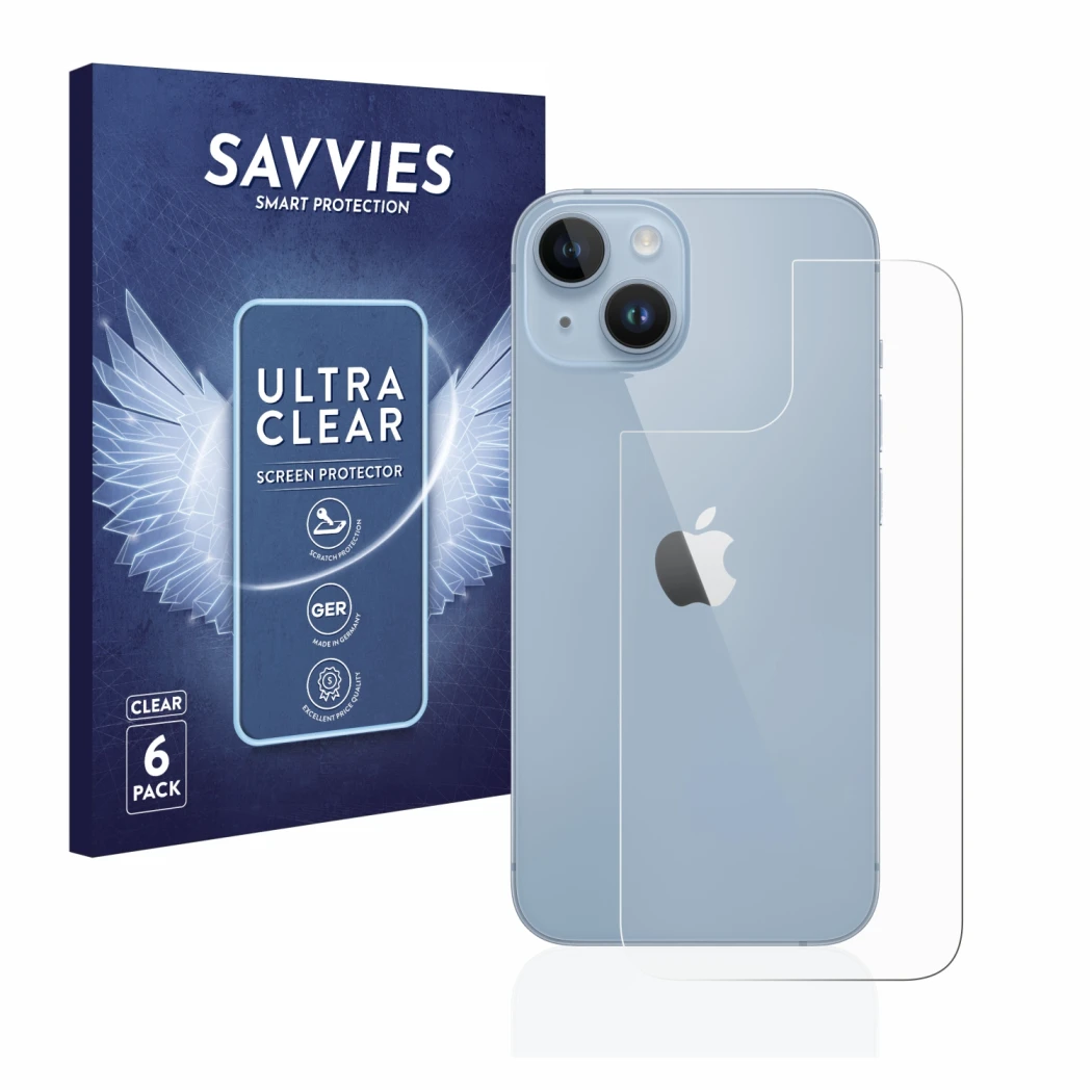 Parte frontal de un envase de producto con el logotipo de la marca Savvies. Al lado se muestra el dispositivo Apple iPhone 14 