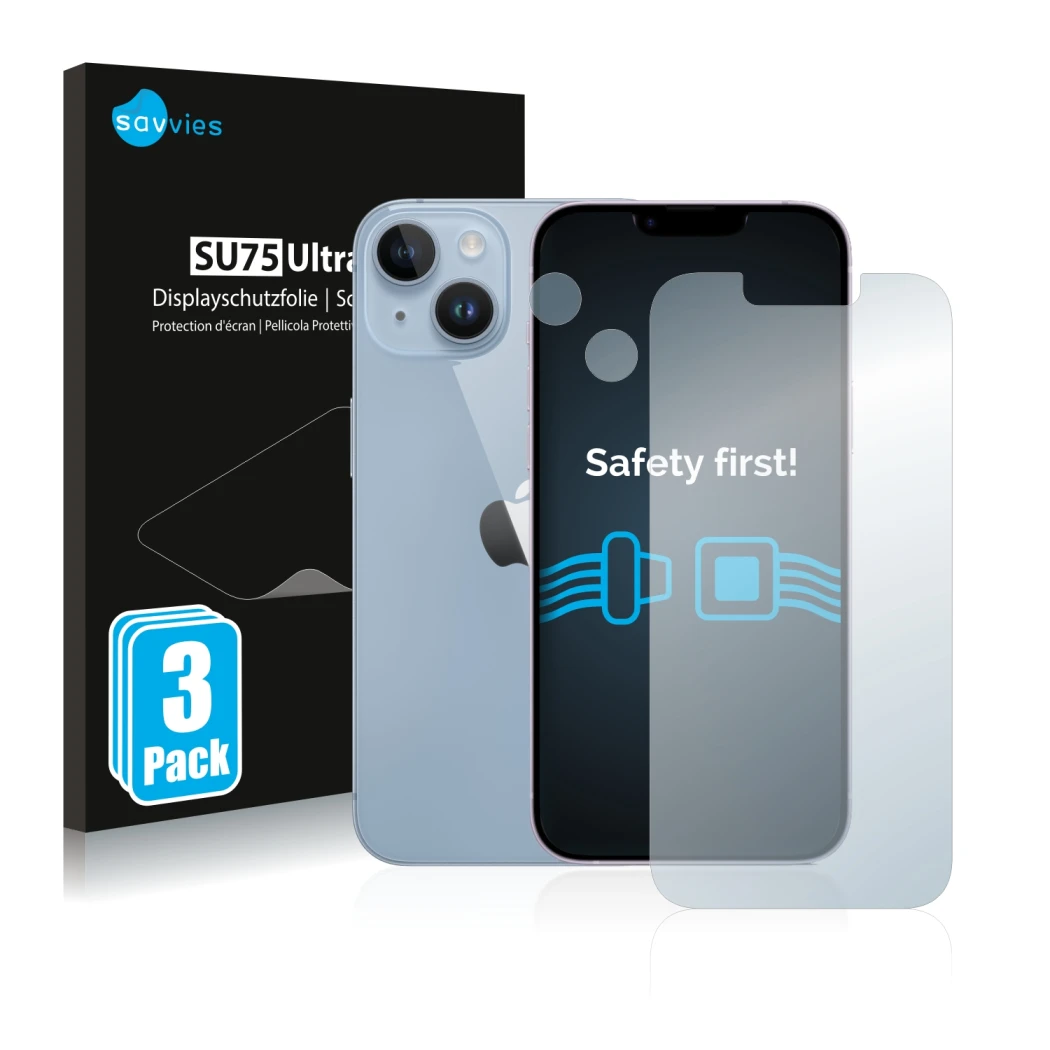 Parte frontal de un envase de producto con el logotipo de la marca Savvies. Al lado se muestra el dispositivo Apple iPhone 14 