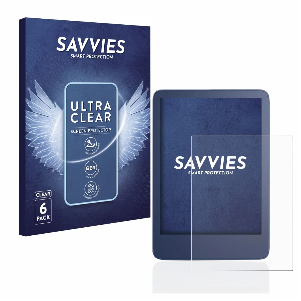 Parte frontal de un envase de producto con el logotipo de la marca Savvies. Al lado se muestra el dispositivo Amazon Kindle Re