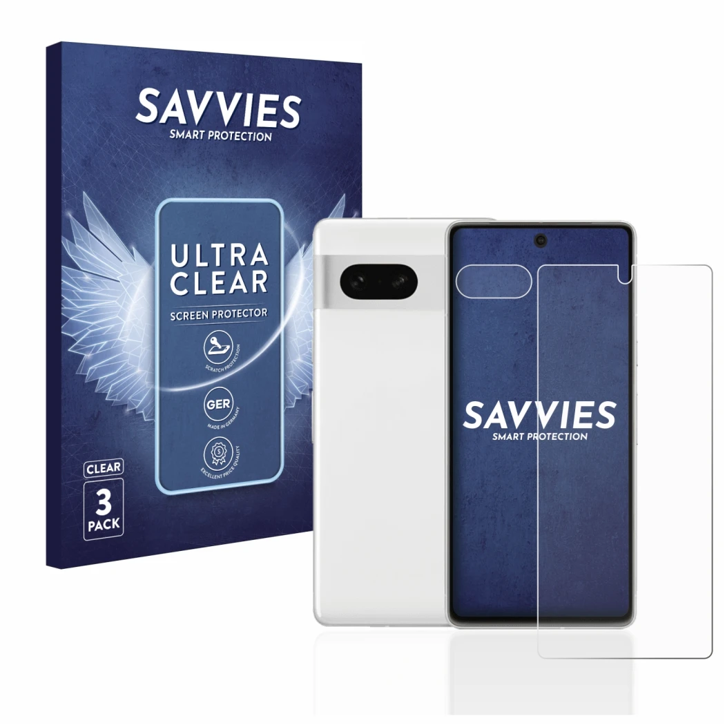 Parte frontal de un envase de producto con el logotipo de la marca Savvies. Al lado se muestra el dispositivo Google Pixel 7 (