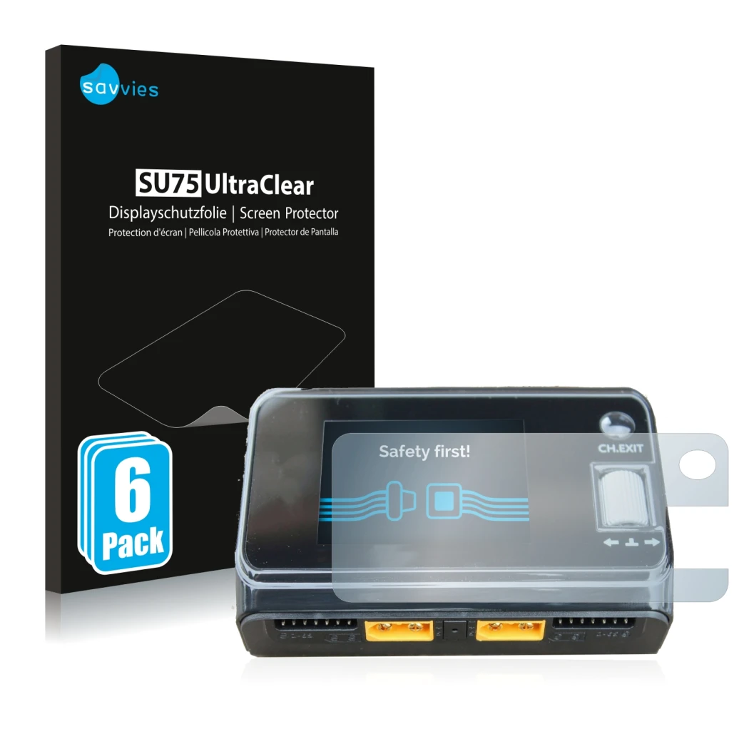 Parte frontal de un envase de producto con el logotipo de la marca Savvies. Al lado se muestra el dispositivo ToolkitRC M6D Du