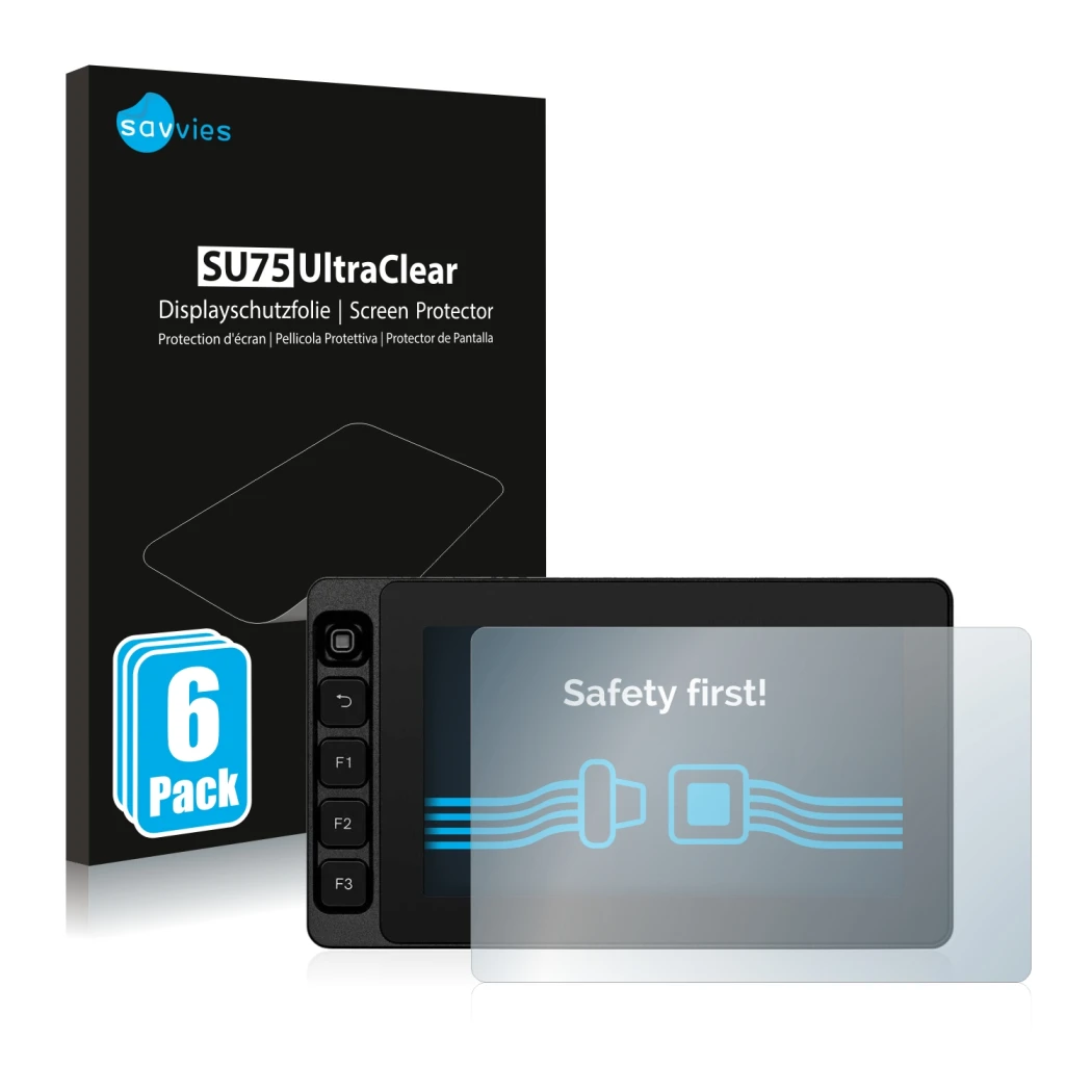 Parte frontal de un envase de producto con el logotipo de la marca Savvies. Al lado se muestra el dispositivo SmallHD Ultra 5 