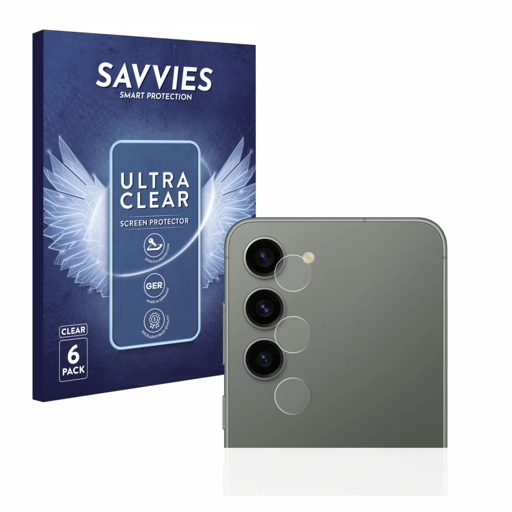 Parte frontal de un envase de producto con el logotipo de la marca Savvies. Al lado se muestra el dispositivo Samsung Galaxy S