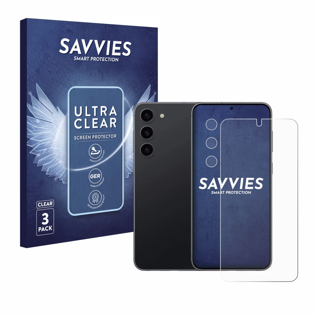 Parte frontal de un envase de producto con el logotipo de la marca Savvies. Al lado se muestra el dispositivo Samsung Galaxy S