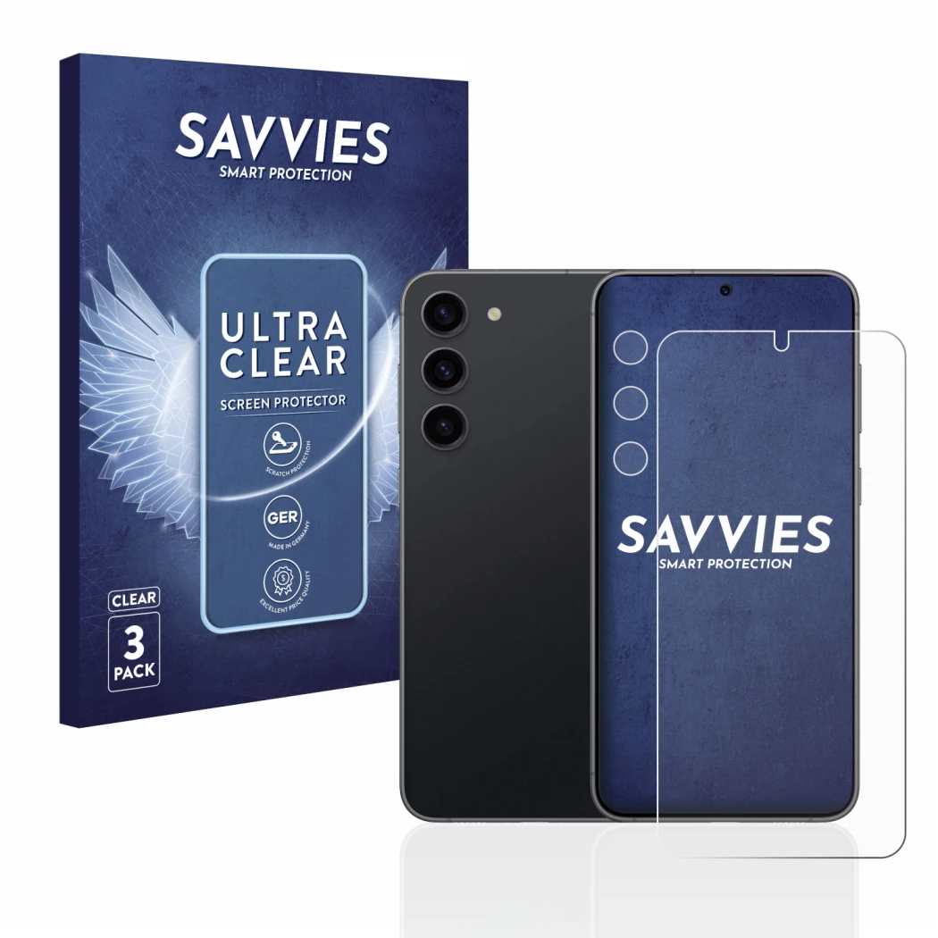 Parte frontal de un envase de producto con el logotipo de la marca Savvies. Al lado se muestra el dispositivo Samsung Galaxy S