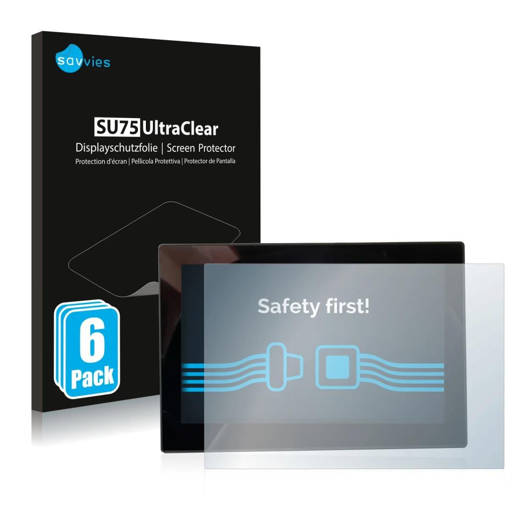 Parte frontal de un envase de producto con el logotipo de la marca Savvies. Al lado se muestra el dispositivo MG 4 7-Zoll Digi