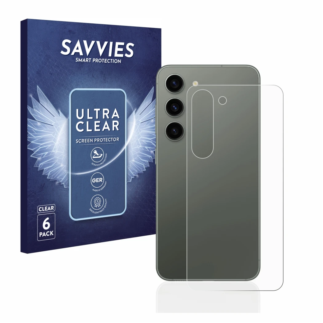 Parte frontal de un envase de producto con el logotipo de la marca Savvies. Al lado se muestra el dispositivo Samsung Galaxy S