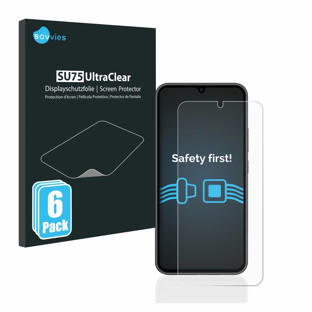 Parte frontal de un envase de producto con el logotipo de la marca Savvies. Al lado se muestra el dispositivo Samsung Galaxy A