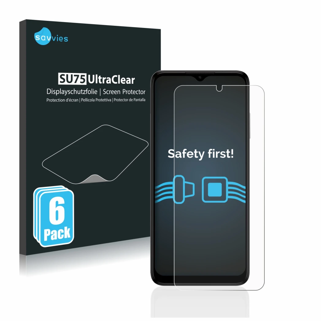 Parte frontal de un envase de producto con el logotipo de la marca Savvies. Al lado se muestra el dispositivo Nokia G22 con su