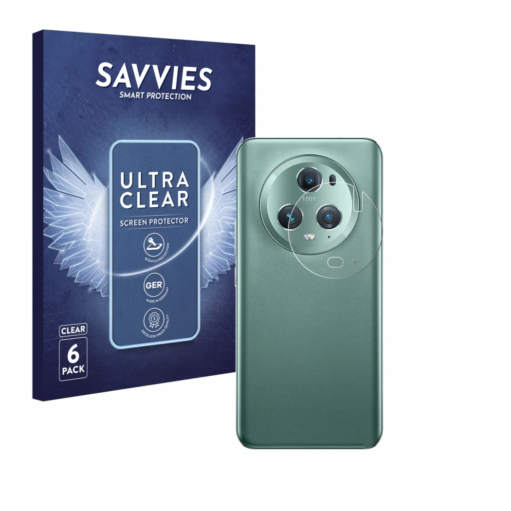 Parte frontal de un envase de producto con el logotipo de la marca Savvies. Al lado se muestra el dispositivo Honor Magic 5 Pr