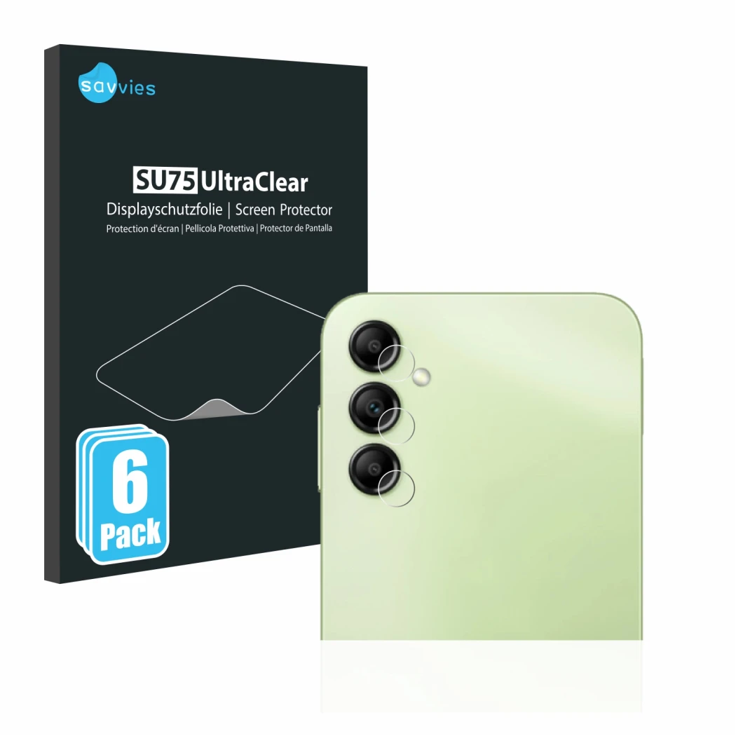 Parte frontal de un envase de producto con el logotipo de la marca Savvies. Al lado se muestra el dispositivo Samsung Galaxy A