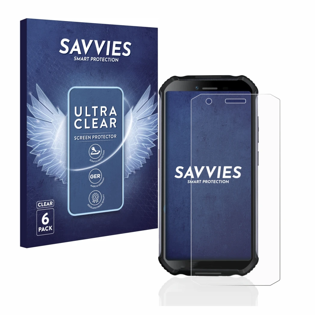 Parte frontal de un envase de producto con el logotipo de la marca Savvies. Al lado se muestra el dispositivo Doogee S41 con s