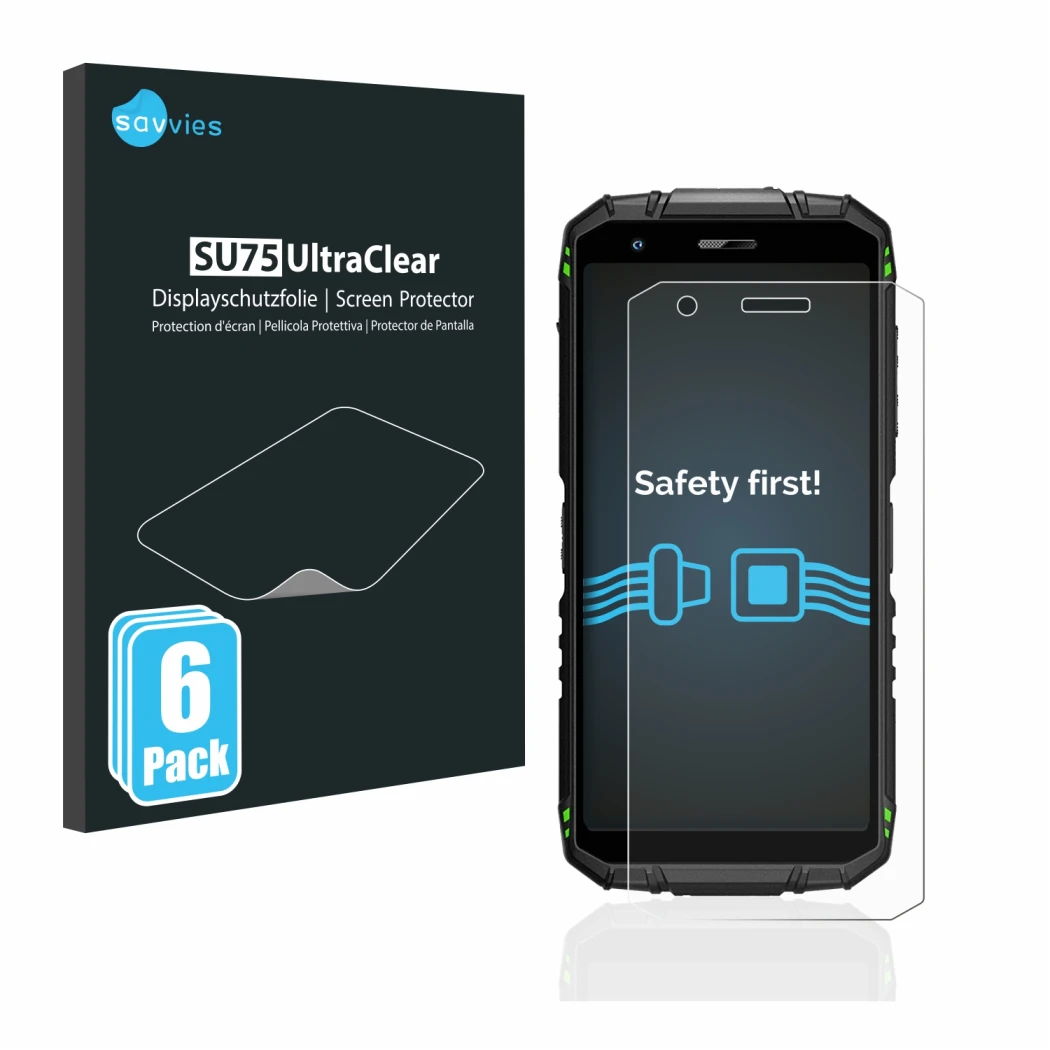 Parte frontal de un envase de producto con el logotipo de la marca Savvies. Al lado se muestra el dispositivo Doogee S41 Pro c
