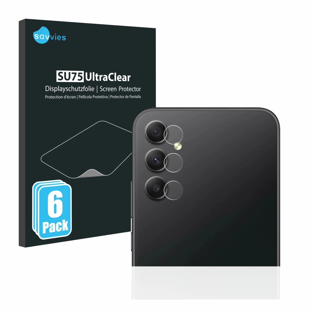 Parte frontal de un envase de producto con el logotipo de la marca Savvies. Al lado se muestra el dispositivo Samsung Galaxy A