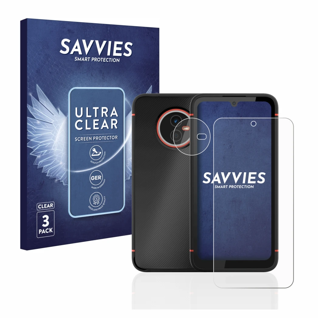 Parte frontal de un envase de producto con el logotipo de la marca Savvies. Al lado se muestra el dispositivo Gigaset GX4 (Fro
