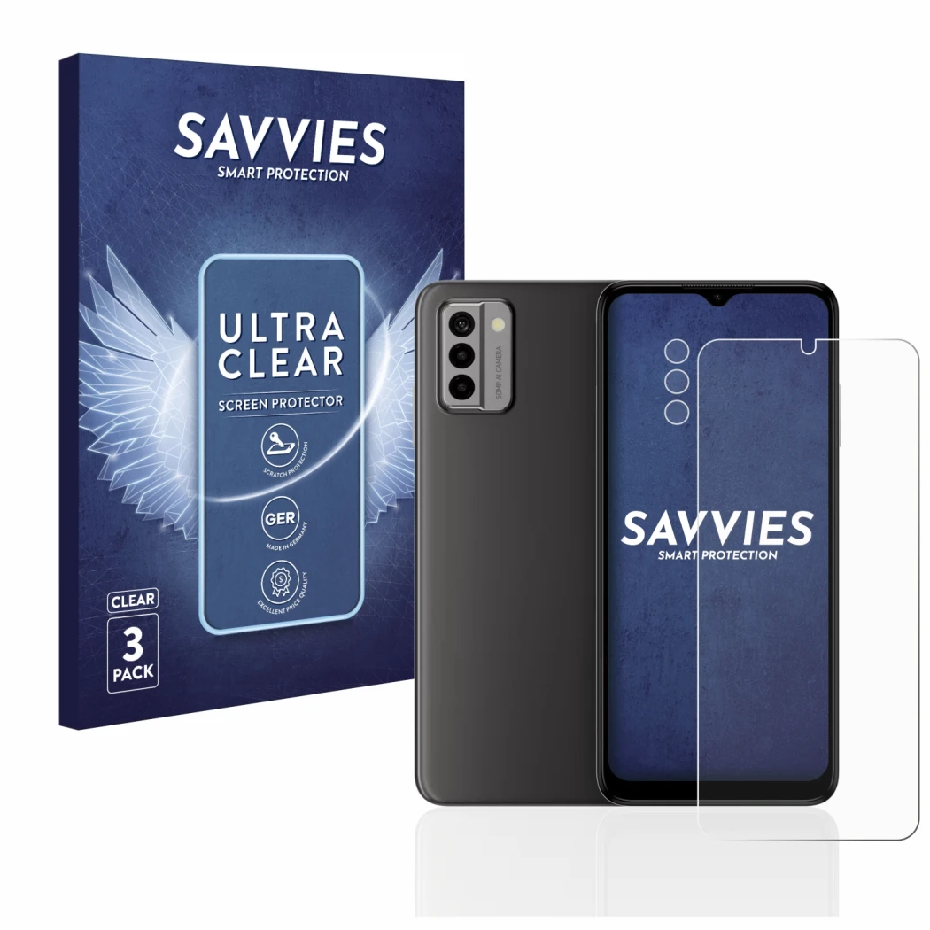 Parte frontal de un envase de producto con el logotipo de la marca Savvies. Al lado se muestra el dispositivo Nokia G22 (Front