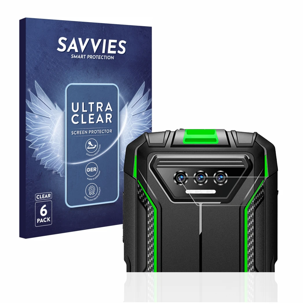 Parte frontal de un envase de producto con el logotipo de la marca Savvies. Al lado se muestra el dispositivo Doogee S41 Pro (