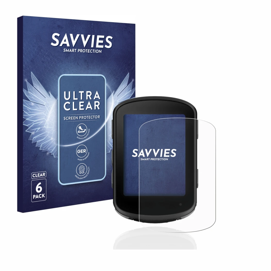 Parte frontal de un envase de producto con el logotipo de la marca Savvies. Al lado se muestra el dispositivo Garmin Edge 540 
