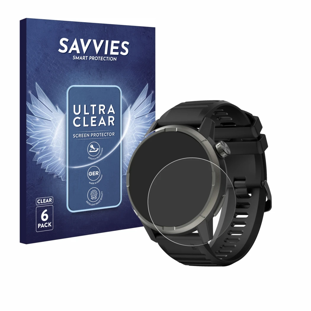 Parte frontal de un envase de producto con el logotipo de la marca Savvies. Al lado se muestra el dispositivo Kiprun GPS 900 b